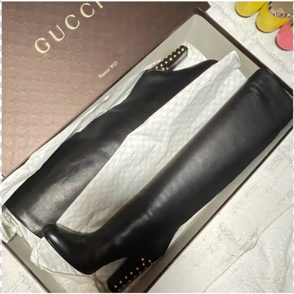 Gucci Black Heeled Boots with Gold Accents